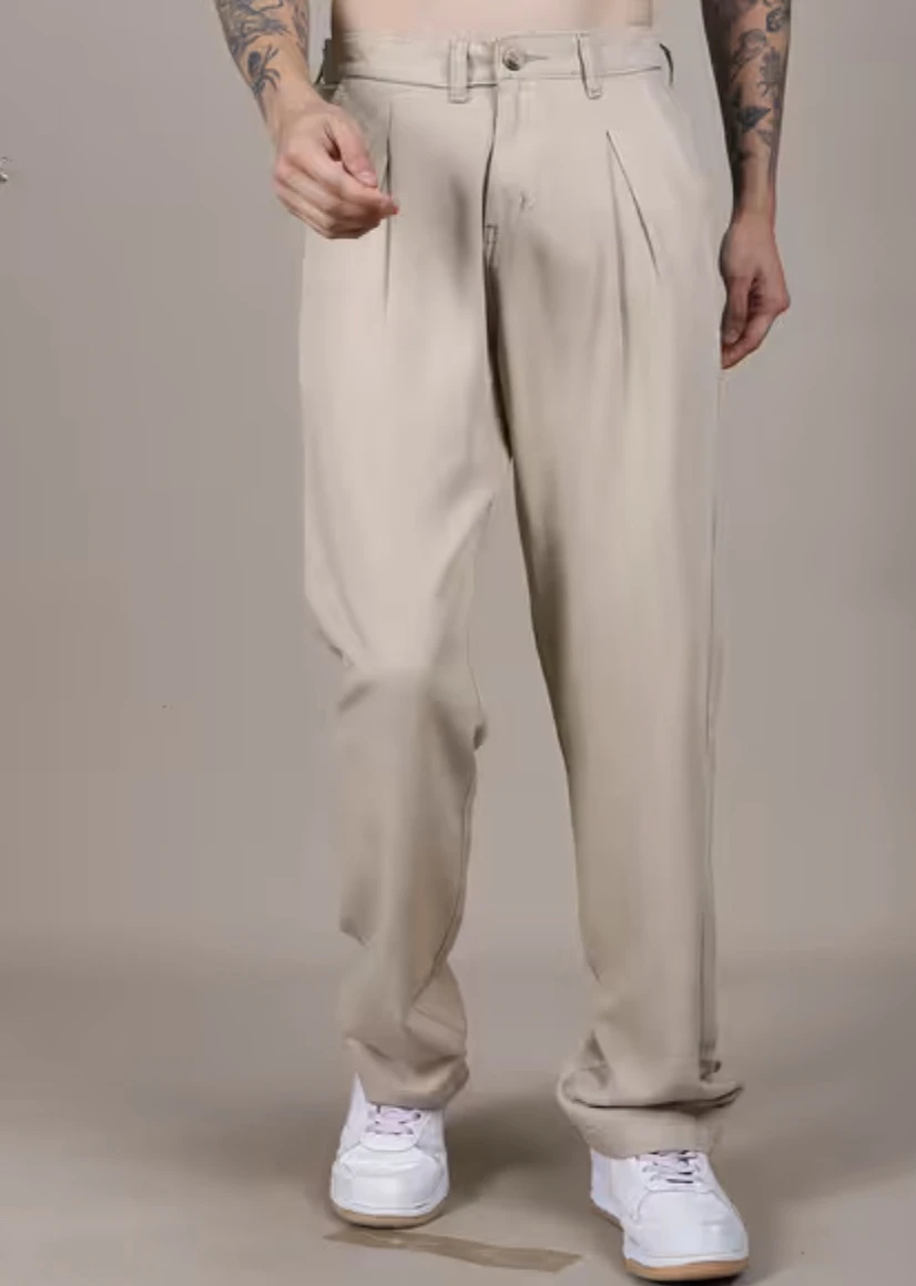 Arzo Beige Relaxed Pleated Trousers
